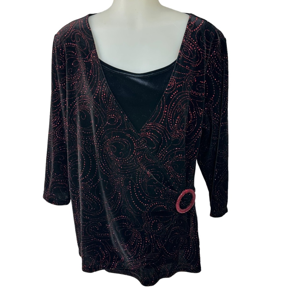 ELEMENTZ Women Plus Size 1X Top Sparkle Red Black Velvet 3/4 Sleeve slim…